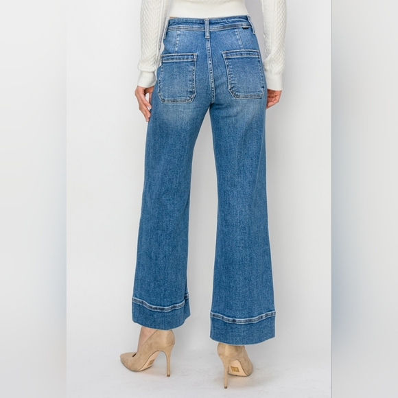 RISEN Wide Leg Flare Bell Bottom High-Rise Waist Jeans Retro Classic Denim Pants - Picture 5 of 12